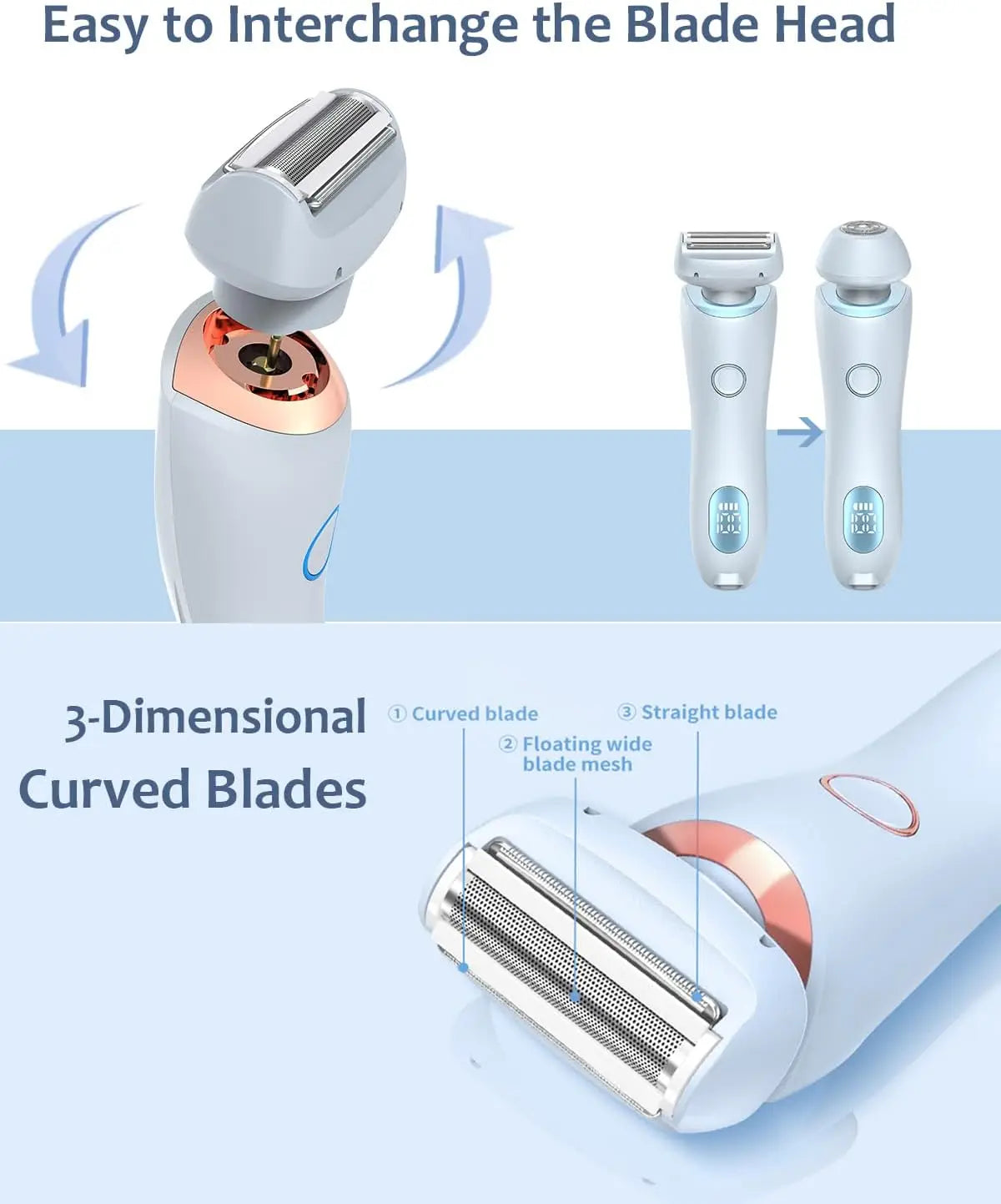 A 2-in-1 electric shaver with interchangeable blade heads, showing curved and straight blades.