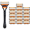 A set of six replacement razor heads for a fusion-style razor, featuring orange and white blades.