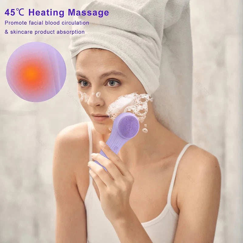 A woman uses a purple sonic facial cleansing brush on her face for heating massage and product absorption.