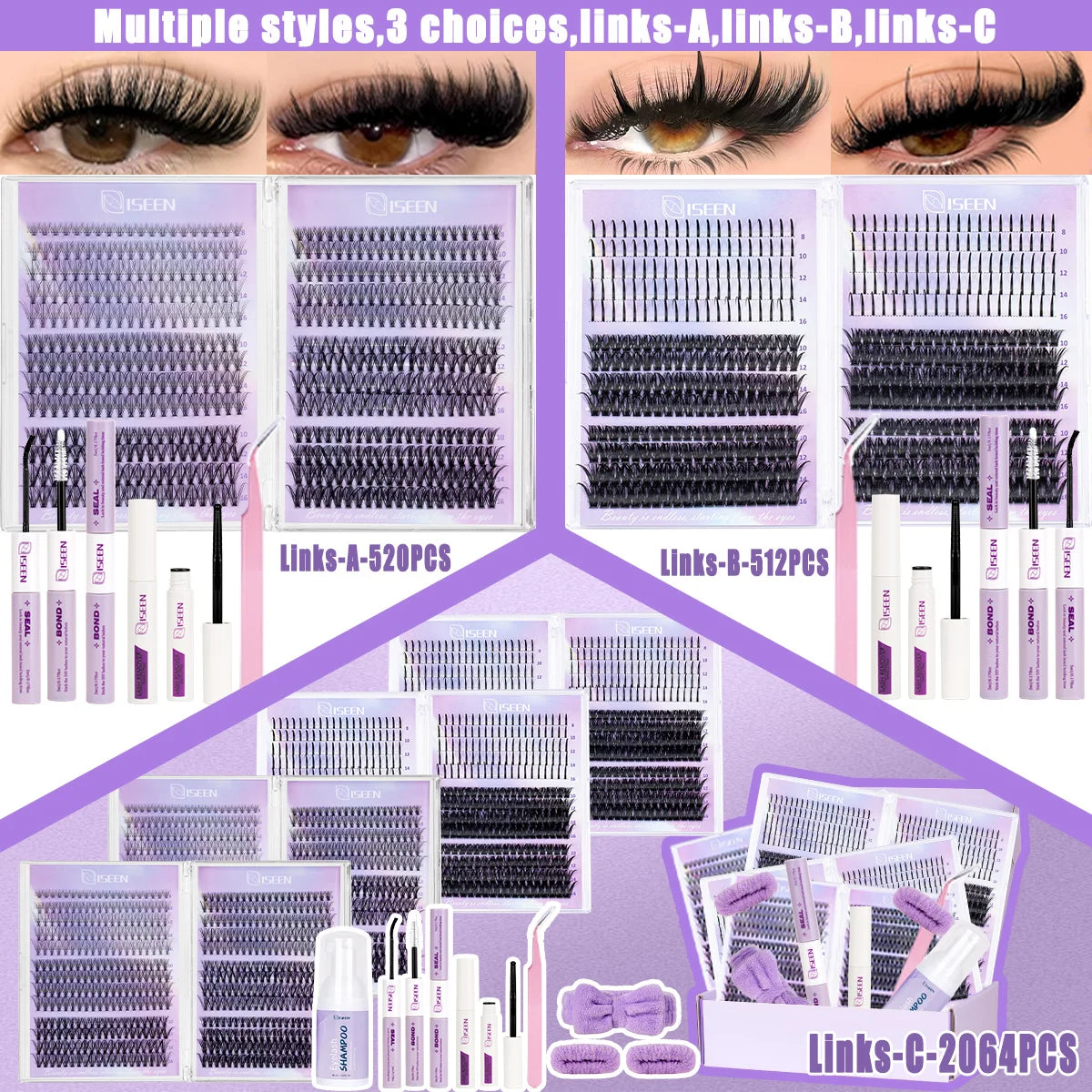 Eine Sammlung von Wimpernverlängerungsets, die verschiedene Stile und Werkzeuge zeigen (Links A, B und C).