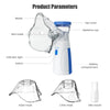 A white and blue portable mesh nebulizer device showing various parts including a top cover, medicine cup, indicator light, s