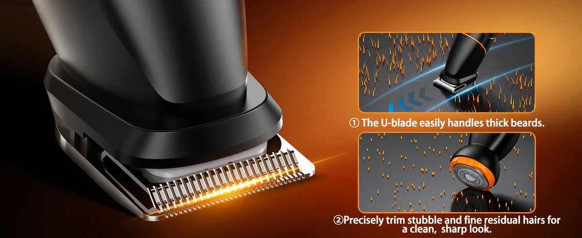Close-up of a black body hair trimmer with a U-blade trimming thick beards and fine residual hairs.