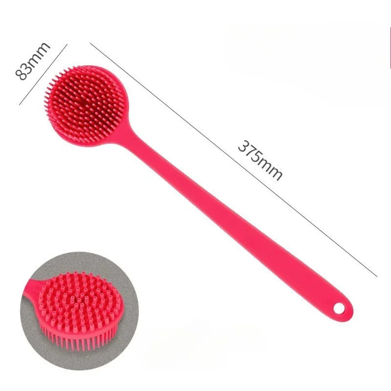 A pink silicone back scrubber brush with a long handle and a circular brush head is shown next to a smaller version.