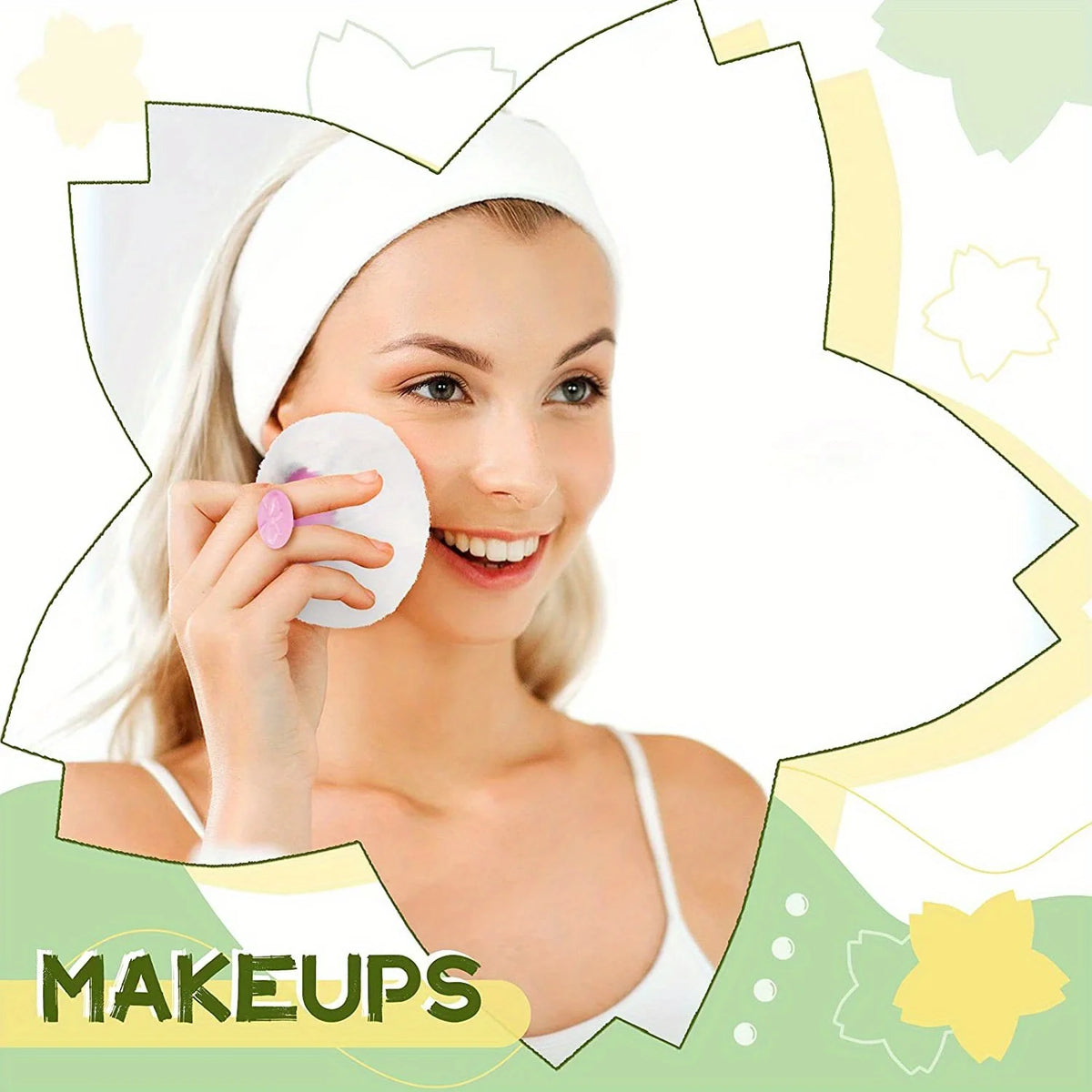 Une femme applique du maquillage avec une mèche blanche, un pois de maquillage portable et un étui à poudre sont visibles.