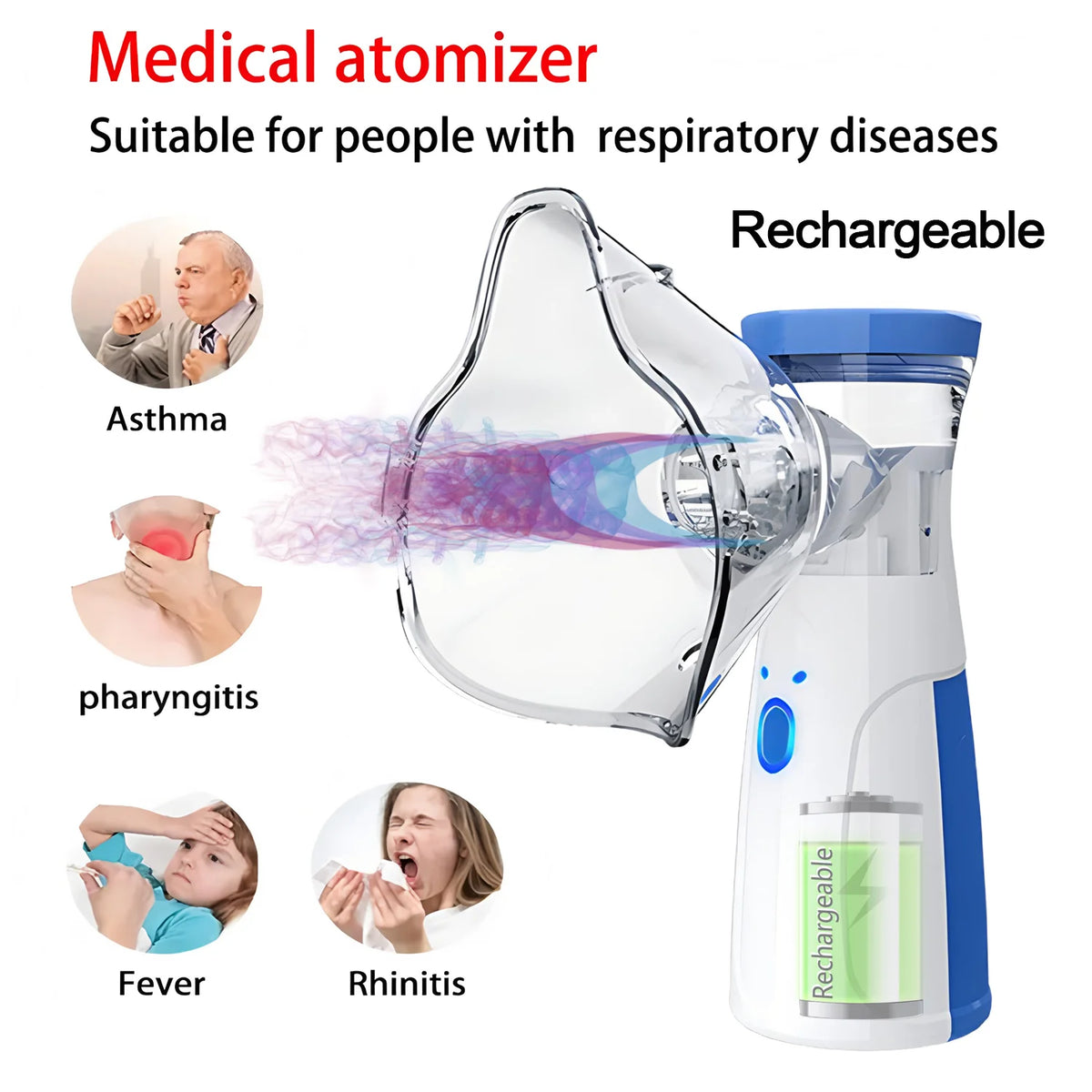 A clear, rechargeable medical atomizer device shown next to illustrations of respiratory conditions like asthma, pharyngitis,