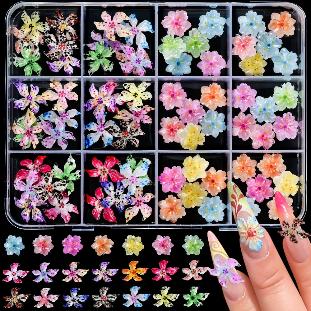 A collection of 3D floral butterfly pearl nail art charms in various colors and shapes.