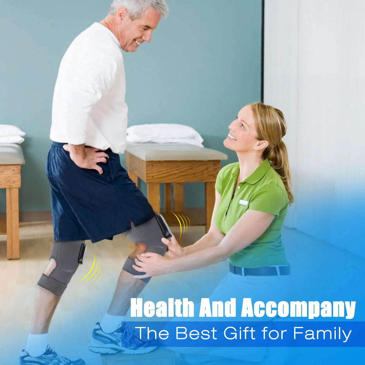 A woman is using an electric knee massager and heat therapy pad on a man's leg in a home setting.