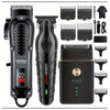 A set of black Hiena Pro cordless hair trimmers and attachments displayed on a white background.