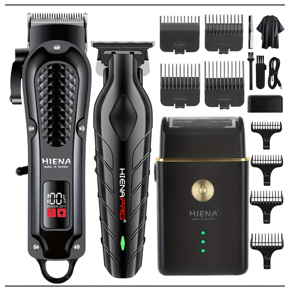 A set of black Hiena Pro cordless hair trimmers and attachments displayed on a white background.