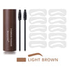 A brown tube of eyebrow powder with two applicators and several eyebrow stencils shown next to a light brown swatch.