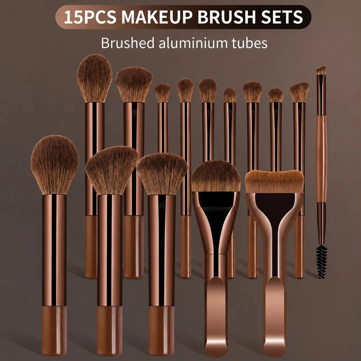 A collection of 15 pieces of brushed aluminum makeup brush sets displayed vertically.