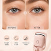 Before and after comparison showing the results of an electric heated eyelash curler on lashes.