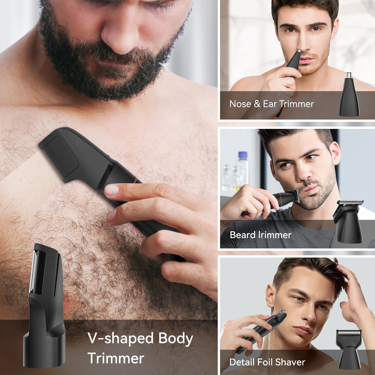 A collection of four grooming trimmers including a nose and ear trimmer, beard trimmer, V-shaped body trimmer, and detail foi