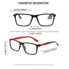 Un set de gafas de lectura rectangulares vintage negras con detalles rojos, mostradas con varias medidas.