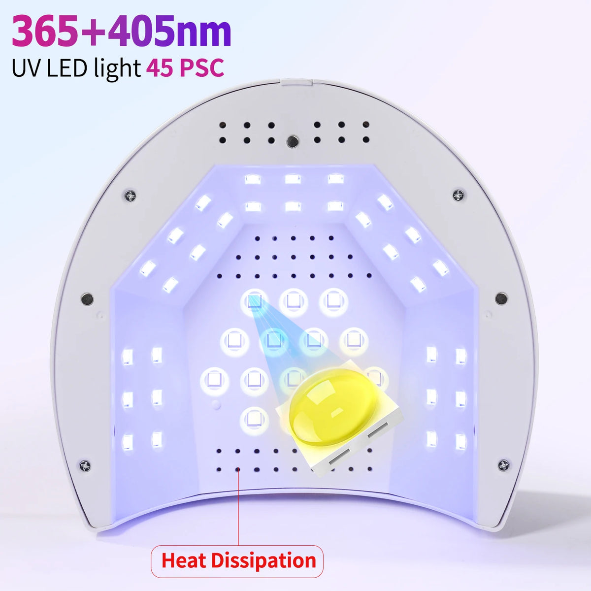 Lampe UV LED à ongles blanche émettant une lumière violette, montrant un vernis gel jaune dans une zone de dissipation thermi