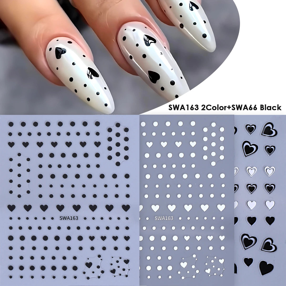 Gros plan sur des ongles décorés de décals de cœurs noirs et blancs pour manucure DIY