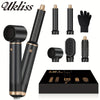 A set of black hair styling and drying brushes including a main brush, various attachments, and a black glove.