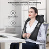 A woman is using an adjustable intensity heating massager for her neck and shoulders while sitting at a desk.