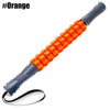 An orange manual muscle roller stick with a gray handle and black strap for deep tissue massage.