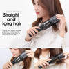 A woman is using a professional dry hair trimmer to straighten and lengthen her hair.