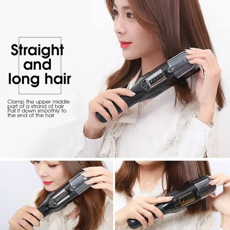 A woman is using a professional dry hair trimmer to straighten and lengthen her hair.