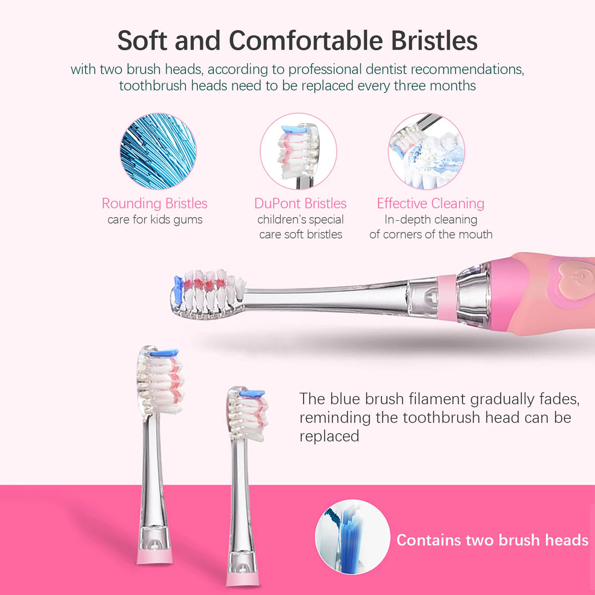 A pink electric toothbrush with blue bristles is shown alongside replacement brush heads and cleaning tips.