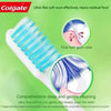 Une brosse à dents blanche à poils bleus à côté d'une vue agrandie de soins pour la gencive et les cheveux fins.