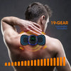 A person's back is shown with an electric EMS muscle stimulator device placed on the upper back, demonstrating muscle stimula