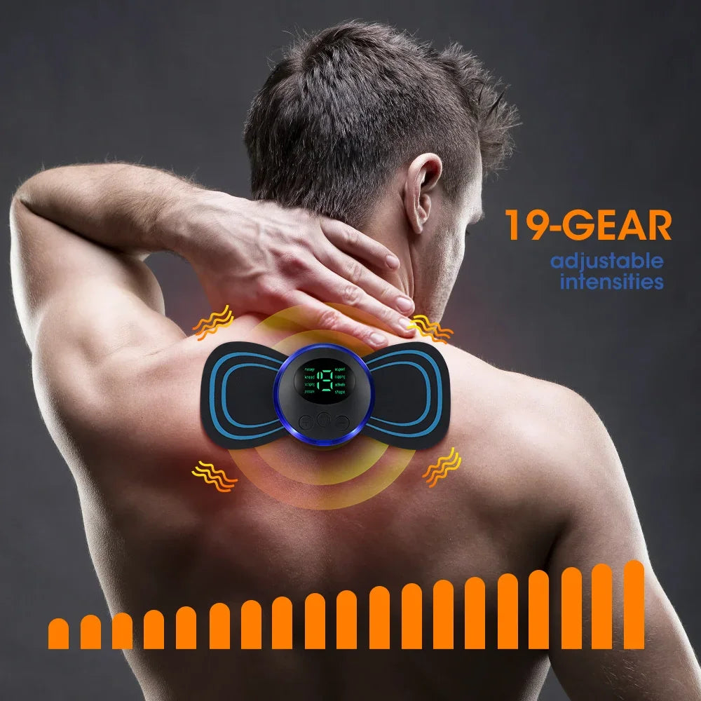 A person's back is shown with an electric EMS muscle stimulator device placed on the upper back, demonstrating muscle stimula