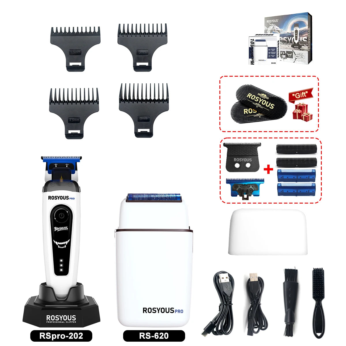 A set of Rosyous electric hair clippers including various attachments and the main RSpro-202 model.