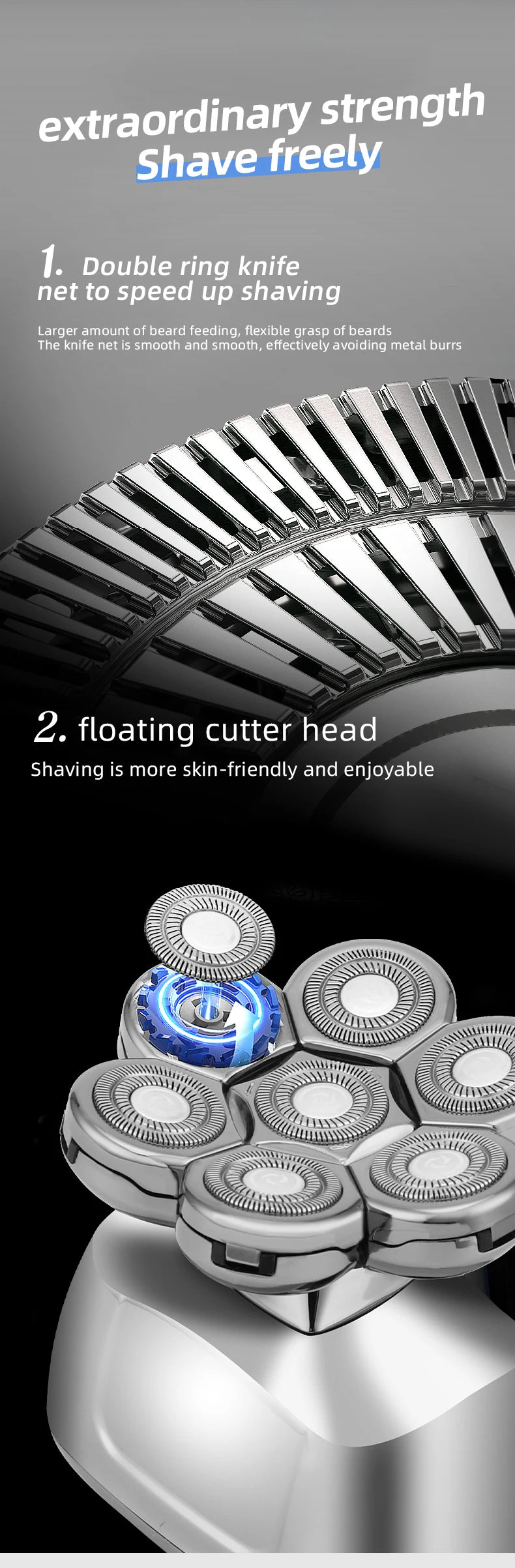 Close-up view of a silver electric shaver head with multiple rotating cutting discs.