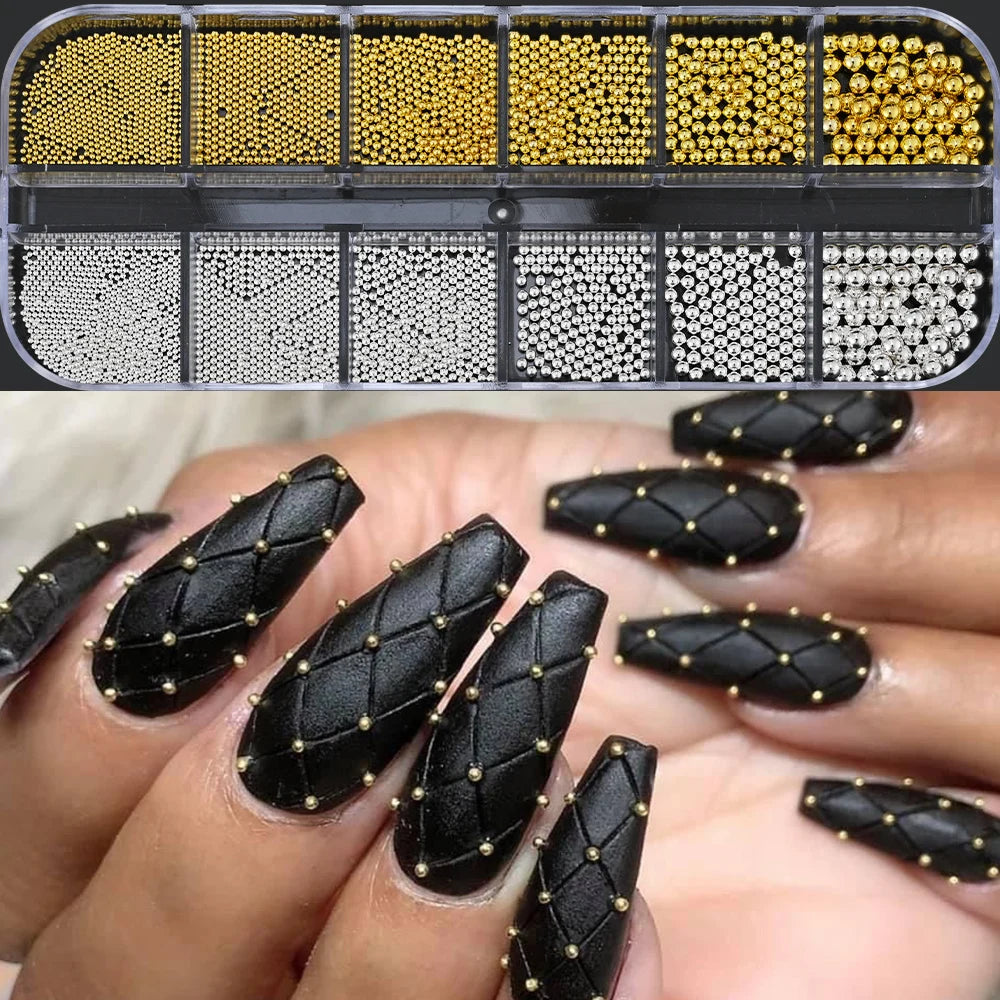 A collection of gold mixed stainless steel bead nail art decorations displayed in an open plastic container.