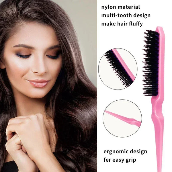 A woman is shown using a pink nylon multi-tooth hair brush for fluffy hair styling.