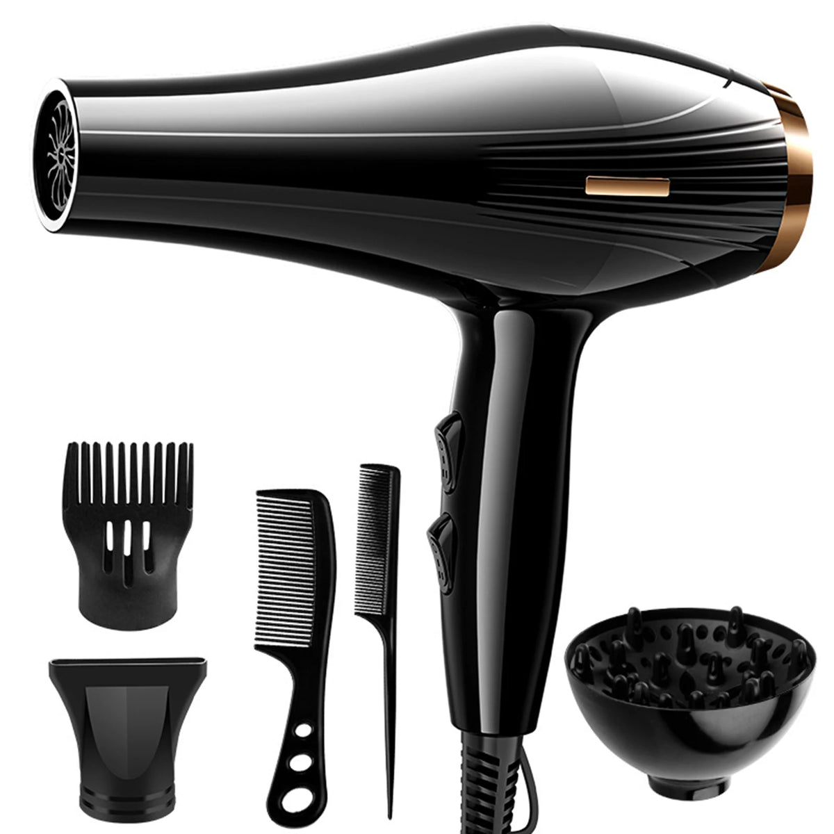 Schwarzes 6-in-1 Profi-Haartrockner-Set inklusive Föhn, Bürste und Kamm.