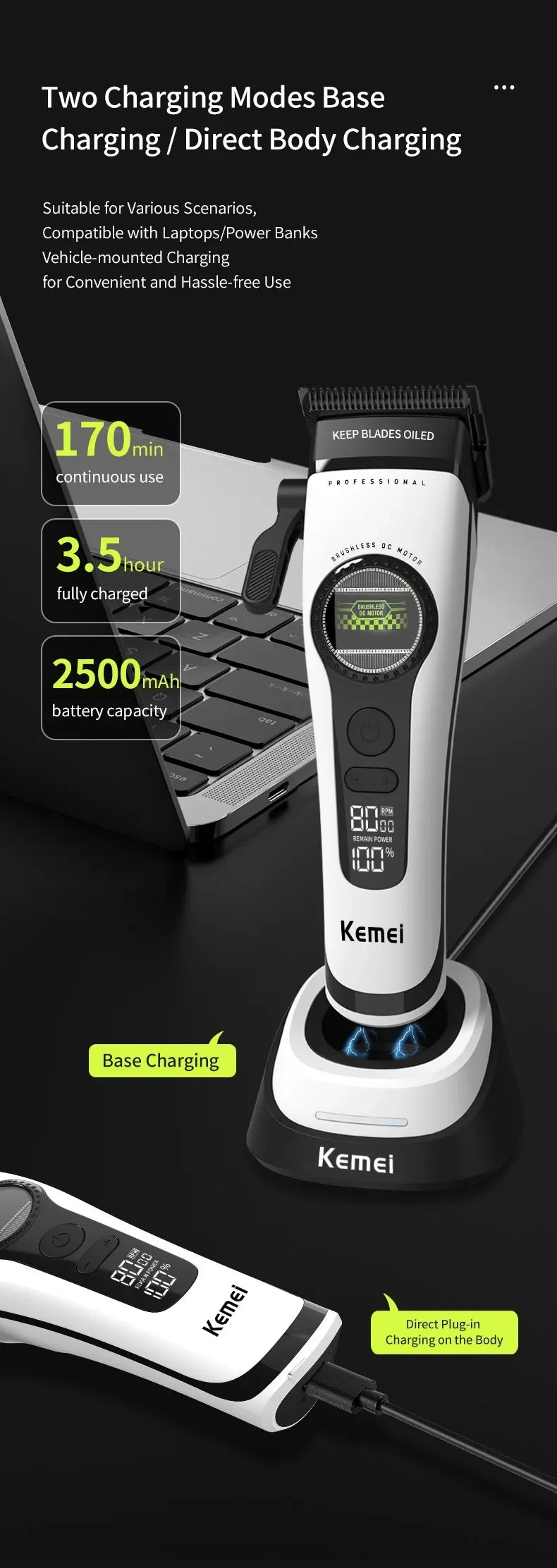 A professional rechargeable hair clipper and trimmer set showing two charging modes: base charging and direct body charging.