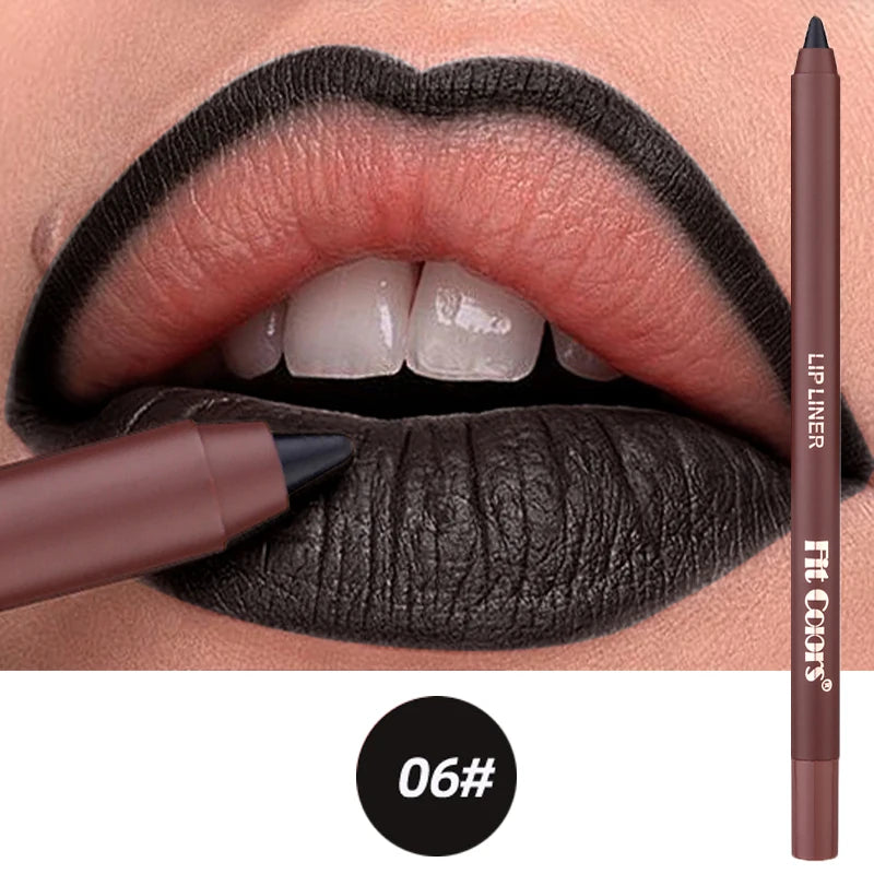 A brown lip liner pencil is shown next to a person's mouth, demonstrating its use for lip lining.