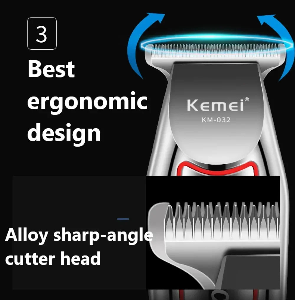 Close-up of a Kemei KM-032 electric hair trimmer showing an ergonomic design and alloy sharp-angle cutter head.