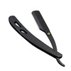 A black professional stainless steel straight edge barber razor with a curved handle.