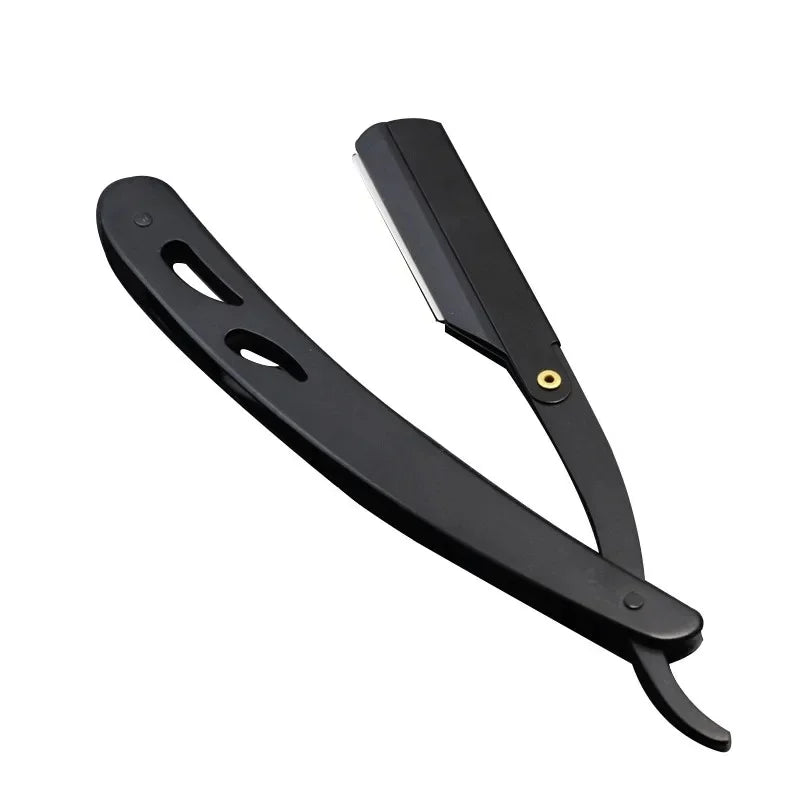 A black professional stainless steel straight edge barber razor with a curved handle.