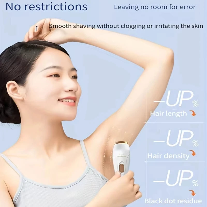 A woman is using a professional electric hair trimmer on her arm, demonstrating smooth shaving and improving hair length, den