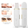 A white ultrasonic skin scrubber face tool shown with various before and after results demonstrating pore cleaning, lifting, 