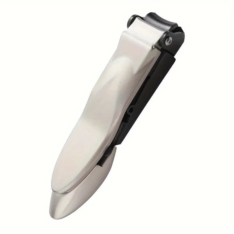 A close-up view of heavy duty self-collecting nail clippers for men, featuring a silver and black design.