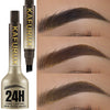 A tube of KAFURUX 24H long lasting brow-fection angled pencil with a black applicator shown next to a close-up of applied eye