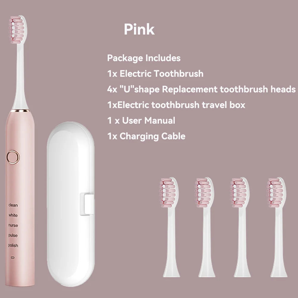 Pink package of an electric toothbrush including brush heads, travel box, user manual, and charging cable.