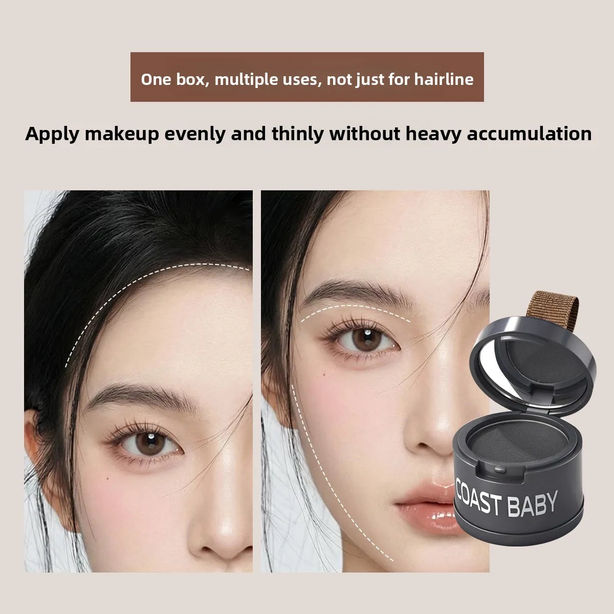 A cosmetic product featuring a powder and brush for applying makeup evenly and thinly on the face.