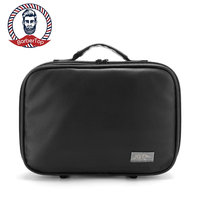 Black professional barber tool storage bag with a handle and JGT logo