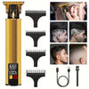 A professional rechargeable hair grooming kit featuring a gold and black body with multiple grooming combs and a charging cab