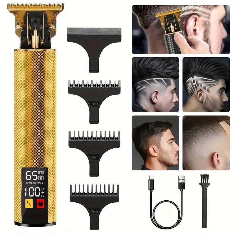 A professional rechargeable hair grooming kit featuring a gold and black body with multiple grooming combs and a charging cab