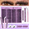 DIY-Kit für Wimpernverlängerungen mit lila Wimpern, Kleber und Pinzetten für individuelle Anwendung.
