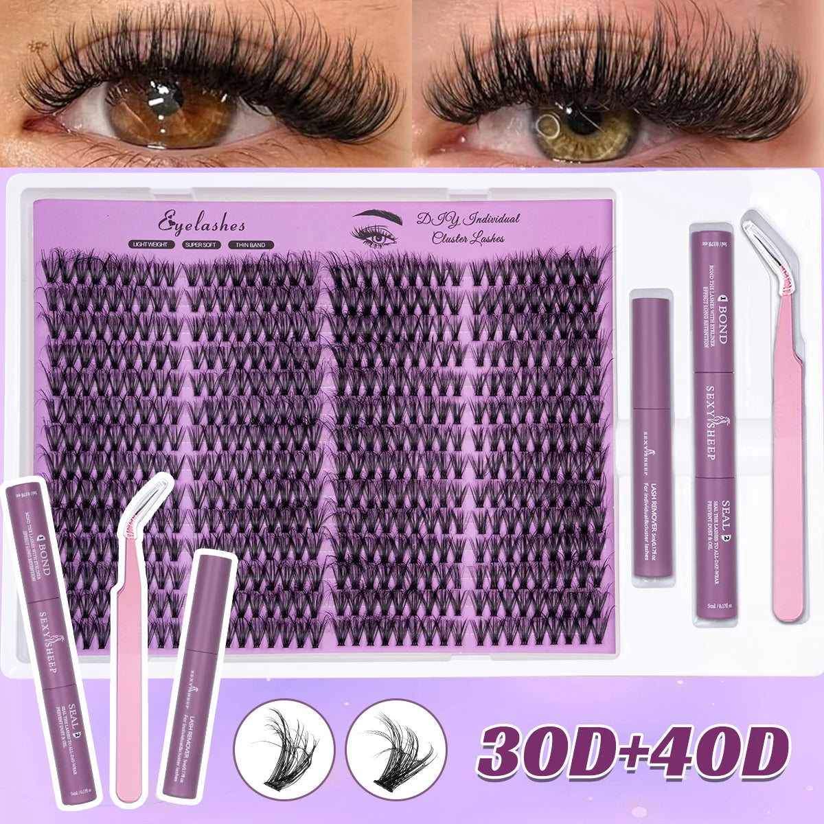DIY-Kit für Wimpernverlängerungen mit lila Wimpern, Kleber und Pinzetten für individuelle Anwendung.